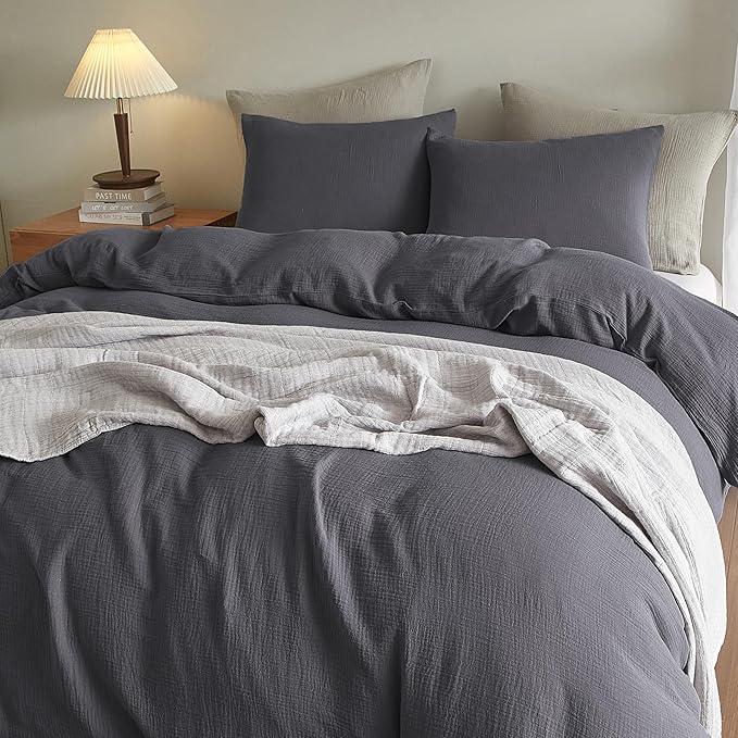 SE SOFTEXLY Muslin Duvet Cover King Size, 100% Washed Cotton Duvet Cover Set, Ultra Soft Comforter Cover Linen Like, 3 Pieces Minimalist Gauze Duvet Cover with 2 Pillowcases, 90"x104", Dark Grey