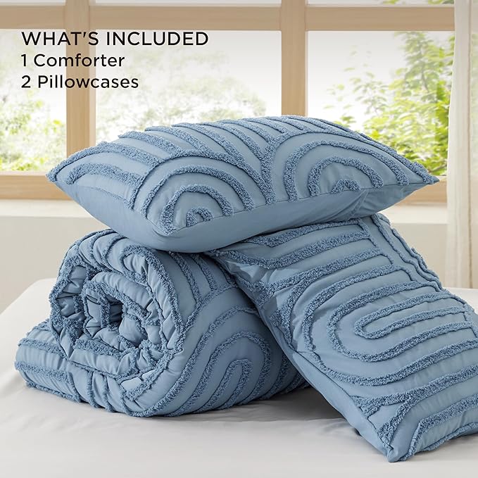Bedsure Boho Tufted Blue Comforter Full Size, GentleSoft™ 3 Pieces Boho Farmhouse Decor Bedding, Arch Shabby Chic Bedding for All Seasons, 1 Bed Comforter, 2 Pillow Shams, 82x86 Inches