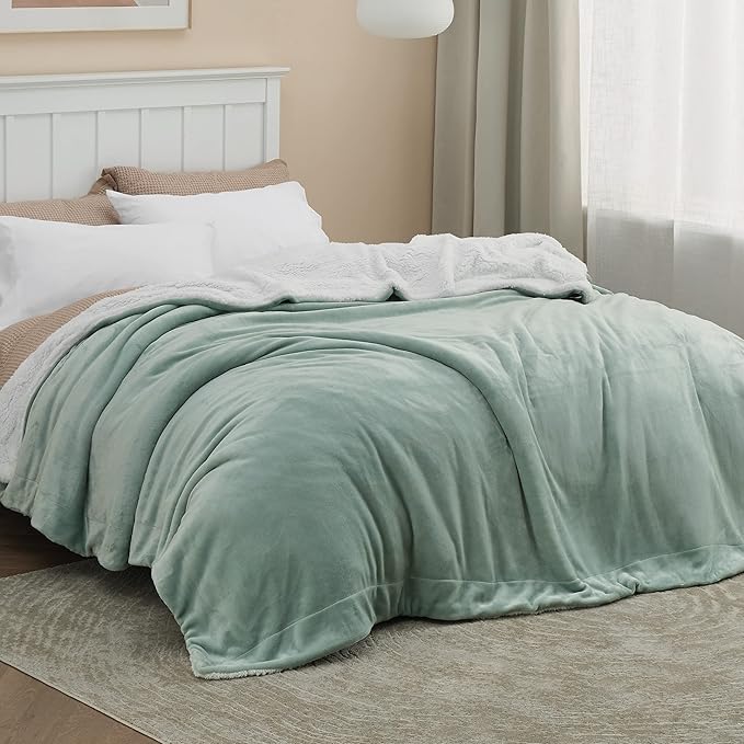 Bedsure GentleSoft Sherpa Fleece Blankets King Size for Bed, Non-Heated, Thick and Warm Throw for Women and Men, Soft Fuzzy Plush King Blanket for Winter, Sage Green, 108x90 Inches