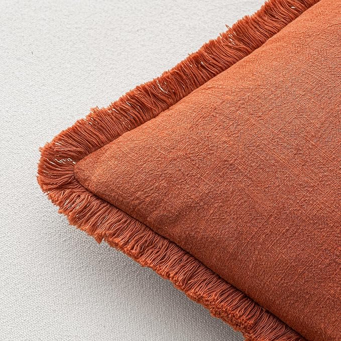 MIULEE Decorative Throw Pillow Covers Neutral Linen Fringe Throw Pillows Set of 2 Burnt Orange Boho Farmhouse Cushion Covers with Tassels for Couch Sofa Bed Living Room Home Decor 24x24 Inch