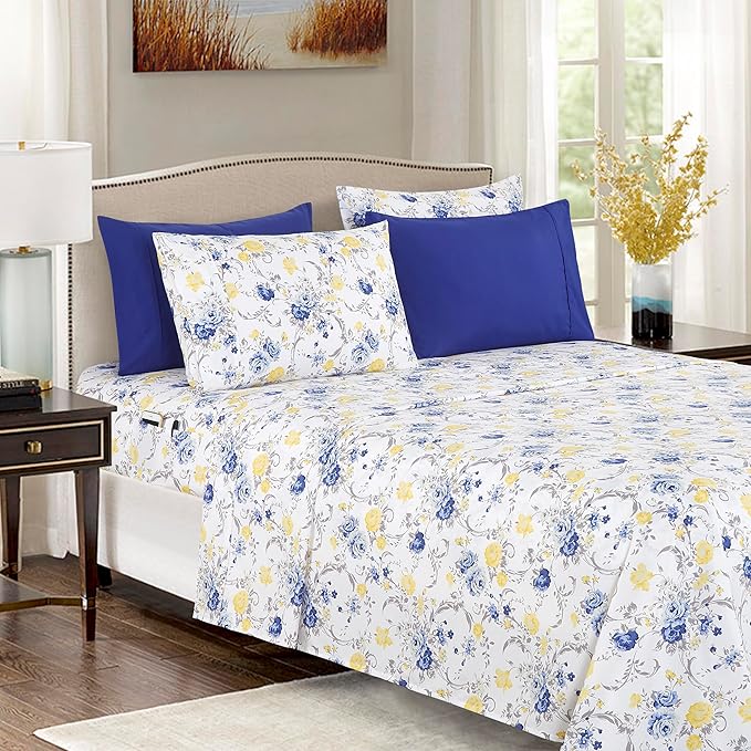 Elegant Comfort Softest and Coziest 4-Piece Sheet Set - 1500 Premium Hotel Quality Microfiber - Deep Pocket, Wrinkle Resistant 4-Piece Floral Bed Sheet Set, Twin, Jenna Gold