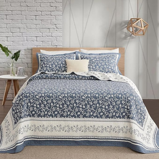 Oversized King Bedspread Set - 100% Cotton Lightweight Quilted Coverlet - Soft Reversible Bedding, Botanical Floral Design - Includes 1 Bedspread (120x120) & 2 Pillow Shams - Grayish-Blue