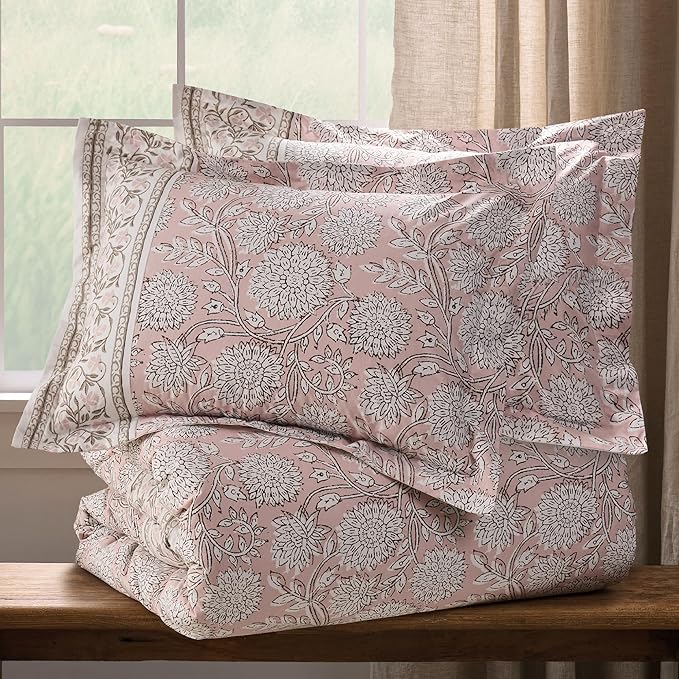 Levtex Home Adare Blush Reversible Queen Duvet Cover Set (90x94in) with 2 Pillow Shams (26x20in) - Floral Bedding - Blush and White - 100% Cotton Queen Size Duvet Cover Set - Soft, Pre-Washed