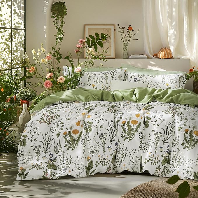 Bedsure Duvet Cover Twin Size - 100% Cotton Reversible Floral Twin Duvet Cover Set with Zipper Closure, 2 Pieces Soft & Breathable Green Bedding Set with 1 Pillow Sham 20"x26"