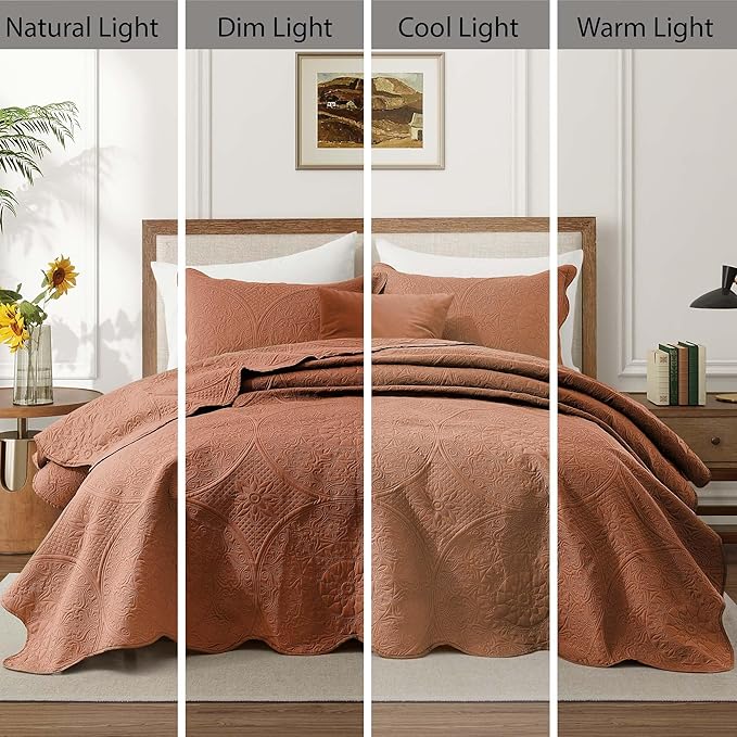 IR Imperial Rooms 8 Pack California King Quilt Bedding Set (118"x106") - Bulk Wholesale for Hotels, Guest Bedroom & Airbnbs - Microfiber Reversible Floral Embossed Quilts Bedspreads (Rust)