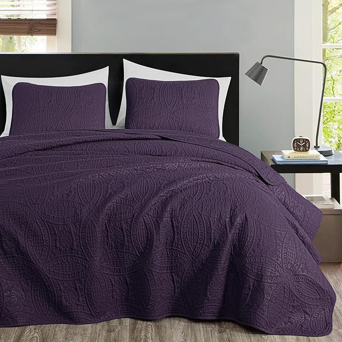 Chezmoi Collection Austin 3-Piece Oversized Bedspread Coverlet Set (King, Purple)