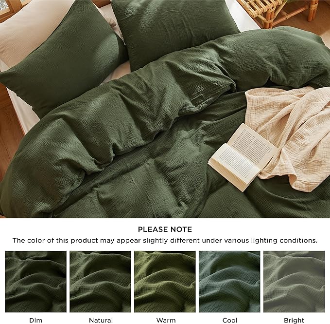 Bedsure 100% Muslin Cotton Duvet Cover King Size - Ultra-Soft, Breathable & Lightweight - Linen Like Gauze Comforter Cover Set with Button Closure and Corner Ties (Olive Green, King, 104"x90")