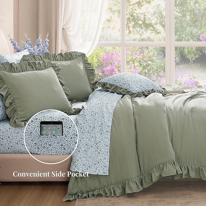 California King Comforter Set - 7 Pieces Ruffle Sage Leaf Bedding Sets, Shabby Chic Farmhouse Bed in a Bag with Ruffle Comforter, Floral Sheets, Pillowcases & Shams