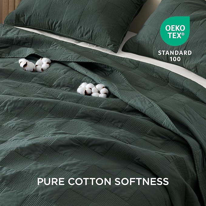 Bedsure 100% Cotton Quilt Set - Lightweight Queen Bedspread, Cozy Emerald Green Bedding Coverlet 3-Piece with Pillow Shams in Checker Pattern for All Season, 90x96 inches, 100% Cotton Voile