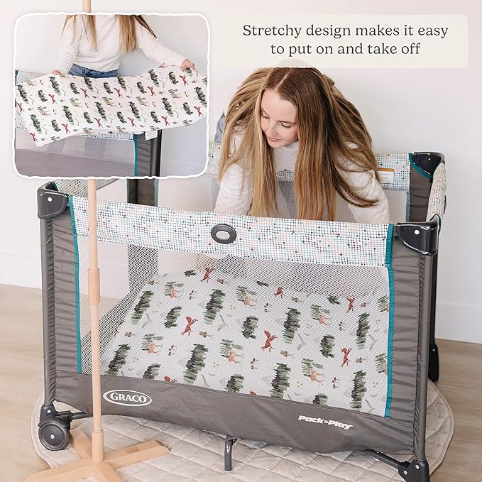 Pack and Play Sheets Fitted, Mini Crib Sheets for Graco Pack N Play Playard (38x26), Ultra Soft Organic Cotton Blend, Safe & Snug Playpen Mattress Sheet for Baby Boys & Girls – Starry Woodland, 2-Pack