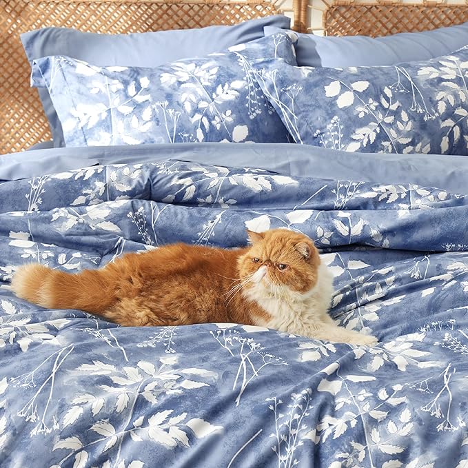 Bedsure Queen Comforter Set - 7 Pieces Floral Blue Soft Bedding Sets, Queen Bed in a Bag with Botanical Flowers Comforter, Sheets, Pillowcases & Shams