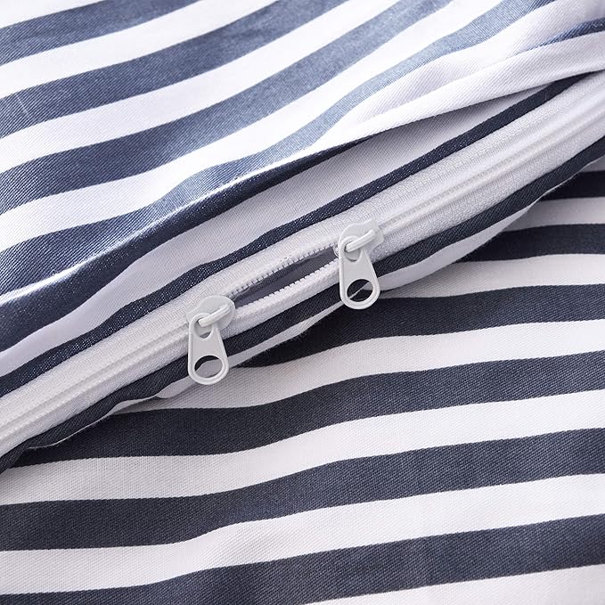 JELLYMONI 100% Natural Cotton 3pcs Striped Duvet Cover Sets,White Duvet Cover with Navy Blue Stripes Pattern Printed Comforter Cover,with Zipper Closure & Corner Ties(Full Size)