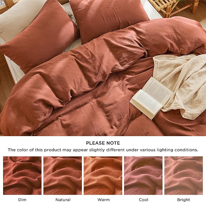 Bedsure 100% Muslin Cotton Duvet Cover King Size - Ultra-Soft, Breathable & Lightweight - Linen Like Gauze Comforter Cover Set with Button Closure and Corner Ties (Terracotta, King, 104"x90")