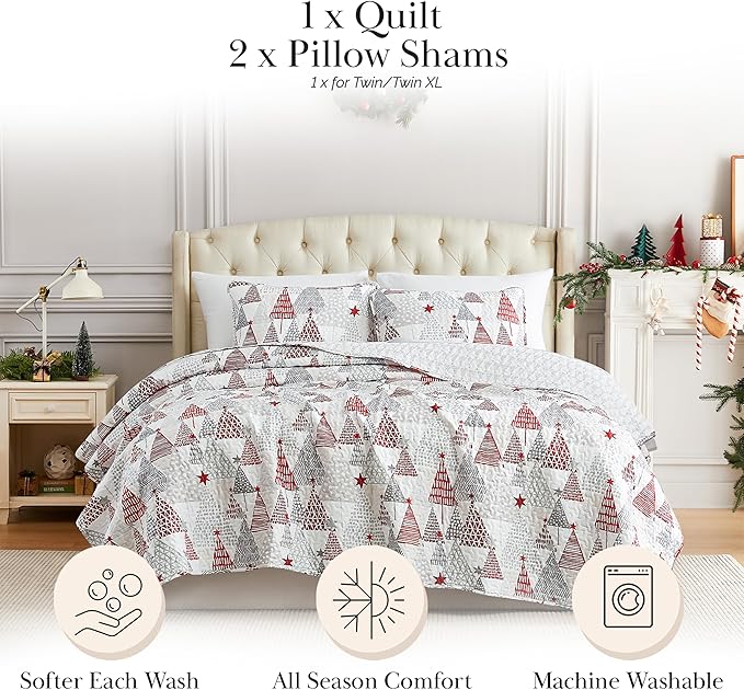 Southshore Fine Living, Inc. California/King Christmas Quilt Set with 2 Pillow Shams, Reversible Coverlet, Holiday Bedding Christmas Tree Design - Red, White & Silver
