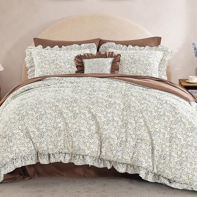 Full Comforter Set - 7 Pieces Ruffle Beige Ditzy Bedding Sets, Shabby Chic Farmhouse Bed in a Bag Full with Floral Comforter, Sheets, Pillowcases & Shams