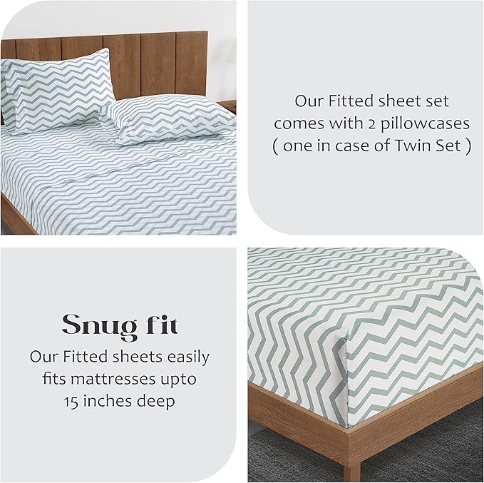 LANE LINEN King Size Fitted Sheet, 100% Organic Cotton, 3-Piece Set (1 Fitted Sheet,2 Pillowcases), Percale Weave, Ultra Soft, Breathable,Fits Mattress Upto 15" Deep - Chevron (No Flat Sheet)