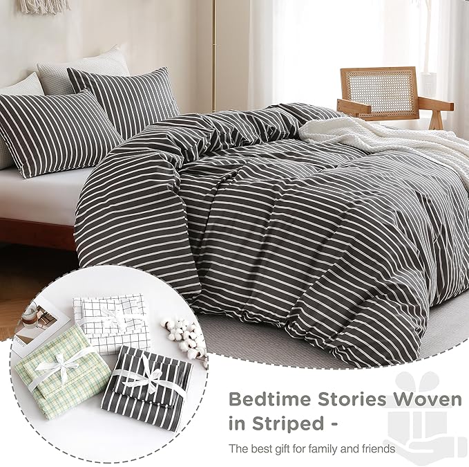 TOCOMOA Striped Duvet Cover Set 100% Natural Cotton Soft Comfy Breathable 3 Piece Black and White Pattern Printed Comforter Cover Bedding Set (Queen 90"x90", Comforter Not Included)