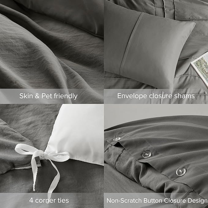 Comfort Spaces Grey Cal King Size Duvet Cover Set - 3-pc Pintuck Pleated Duvet Cover, All Season Lightweight, Extra Softness Pre-Washed Microfiber Cal King Bed Cover Shams, Cal King