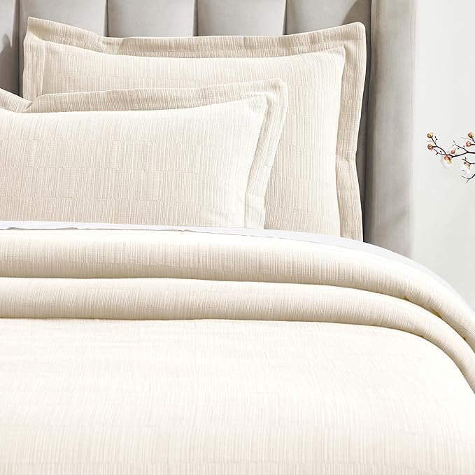 Superior 3 Piece Cotton Bedspread and Sham Set, Home Bed Decor, Decorative Bed Spread, 2 Pillow Shams, Medium Weight, Matelasse Coverlet, Bedding Essentials, Zenith Collection, California King, Ivory
