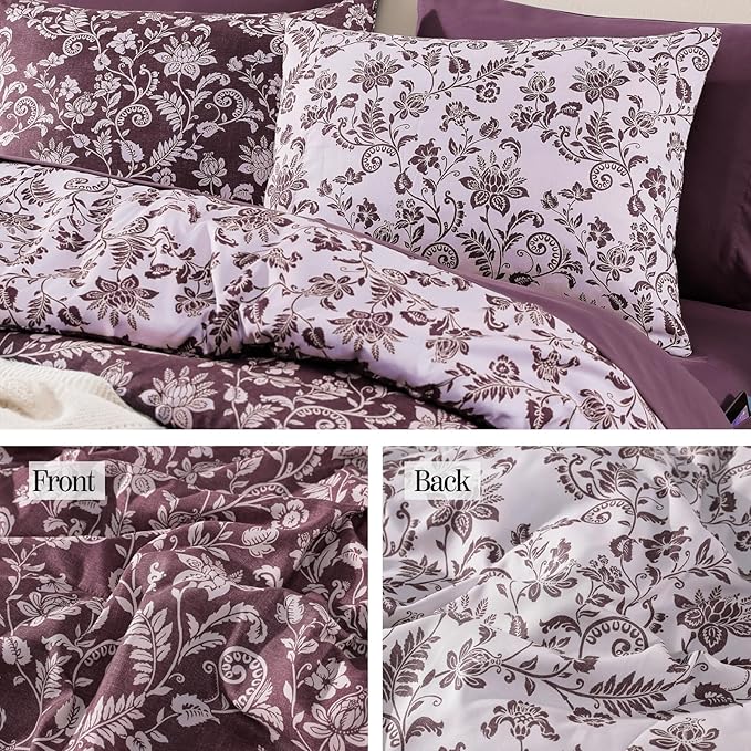 Queen Comforter Set -7 Pieces Floral Dark Purple Comforter Set for All Seasons, Bed in a Bag Queen with Botanical Flowers Comforter, Sheets, Pillowcases & Shams