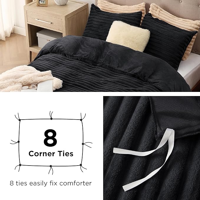 Bedsure Fluffy Duvet Cover Set - Ultra Soft Plush Shaggy Comforter Cover King Size, Warm Flannel Fleece Bed Sets for Winter, 3 Pieces (Striped Pattern, Black)