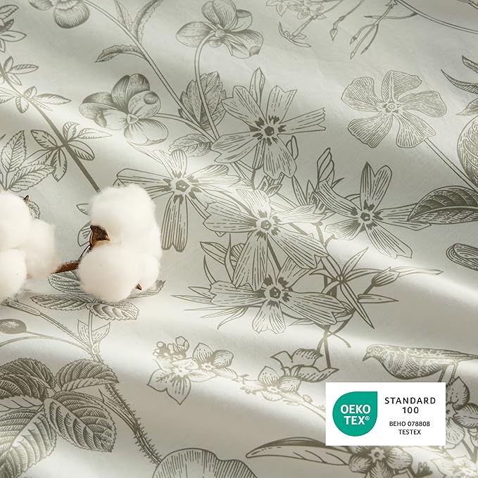 Bedsure Duvet Cover Queen Size - 100% Cotton Reversible Floral Queen Duvet Cover Set with Zipper Closure, 3 Pieces Soft & Breathable Botanical Green Bedding Set with 2 Pillow Shams 20"x26"