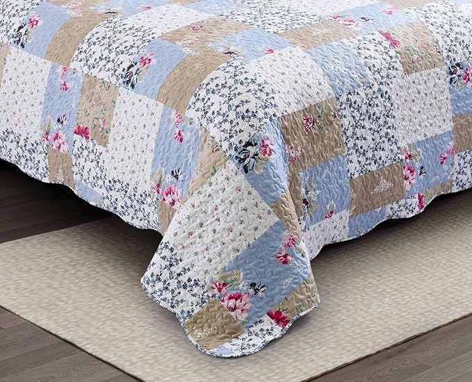 Brilliant Sunshine Pink and Blue Roses Toile Quilt Set, 2-Piece Bedding Sets, Lively Patchwork Design, Washable, Reversible Bedspread, Soft Lightweight Coverlet, All-Season, Twin/Twin XL, Blue Natural