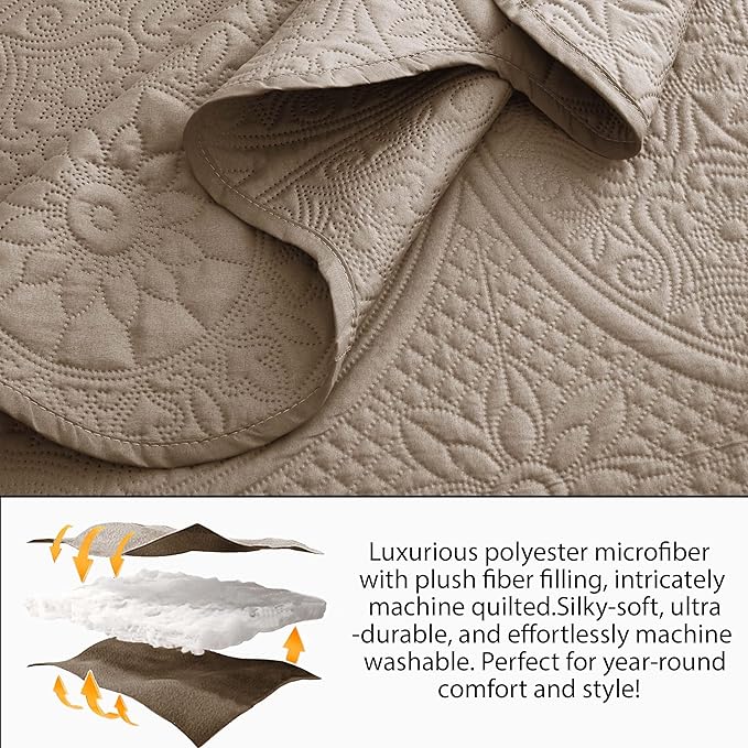 MOONLIGHT20015 10 Pack Twin Quilt Bedding Set (68" x 86") - Bulk Wholesale for Hotels, Guest Bedroom & Airbnbs - Lightweight Microfiber Reversible Floral Embossed Quilts Bedspreads (Beige)