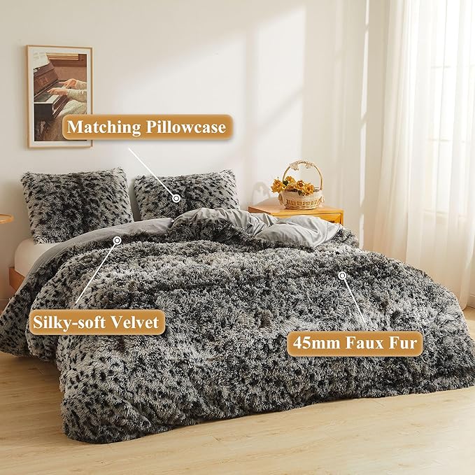 XeGe Leopard Print Fluffy Faux Fur Duvet Cover Set, 2 Pieces Soft Plush Shaggy Farmhouse Fuzzy Bedding Set(1 Faux Fur Cheetah Print Comforter Cover + 1 Furry Pillowcase), Zipper Closure(Twin, Grey)