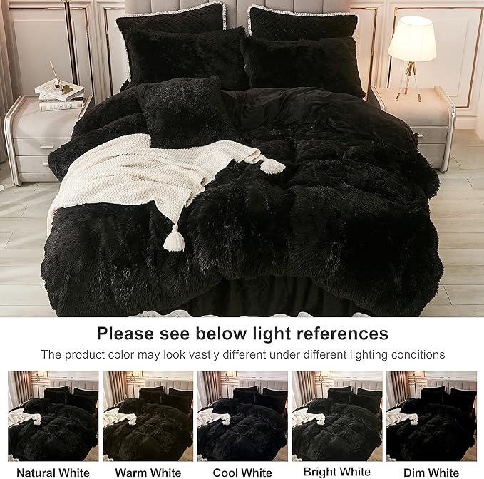 annadaif Plush Black Duvet Cover Queen, Fluffy Soft Faux Fur Velvet Comforter Cover, Luxury Fuzzy Shaggy Bedding Sets 3 Pieces(1 Duvet Cover,2 Pillowcases), Zipper Closure