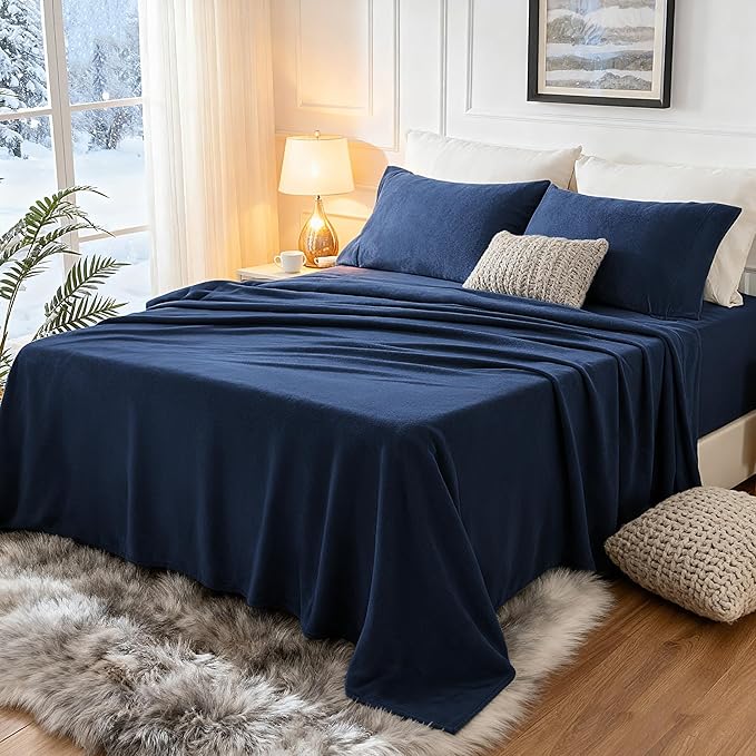 Love's cabin Fleece Queen Sheet Set - 4 Pcs Dark Blue Winter Soft Plush Polar Fleece Bed Sheets Set with 16" Deep Pocket,Cozy Warmth for Cold Season(1 Flat Sheet,1 Fitted Sheet,2 Pillow Cases)