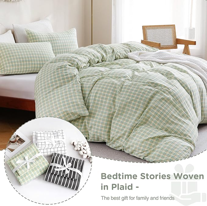 TOCOMOA Plaid Duvet Cover Set 100% Washed Cotton Like Linen Feel Super Soft Comfy 3 Piece Green and Yellow Gingham Checkered Bedding Comforter Cover Set (King 104"x90", Comforter Not Included)