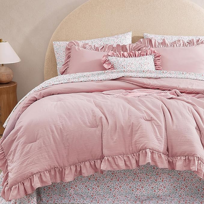 Twin XL Comforter Set - 5 Pieces Ruffle Soft Pink Bedding Sets, Shabby Chic Farmhouse Bed in a Bag Twin XL with Ruffle Comforter, Floral Sheets, Pillowcases & Shams