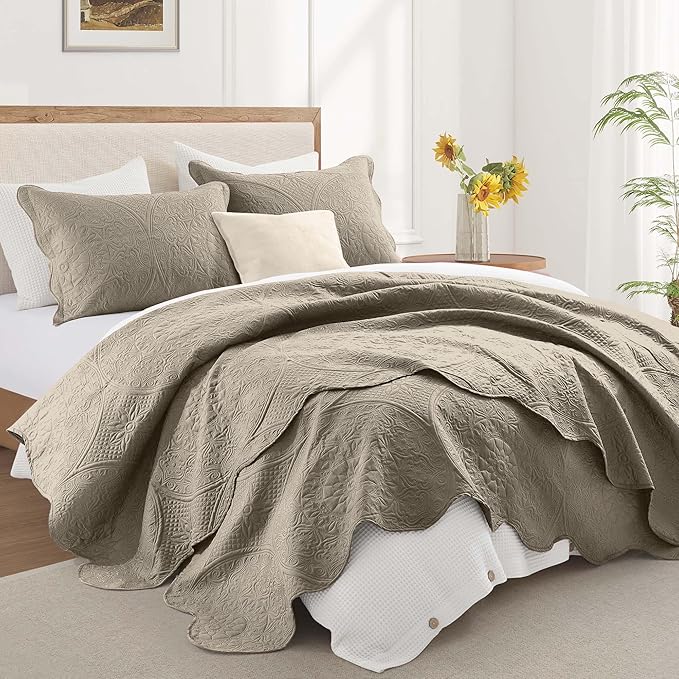 IR Imperial Rooms 8 Pack California King Quilt Bedding Set (118"x106") - Bulk Wholesale for Hotels, Guest Bedroom & Airbnbs - Microfiber Reversible Floral Embossed Quilts Bedspreads (Beige)