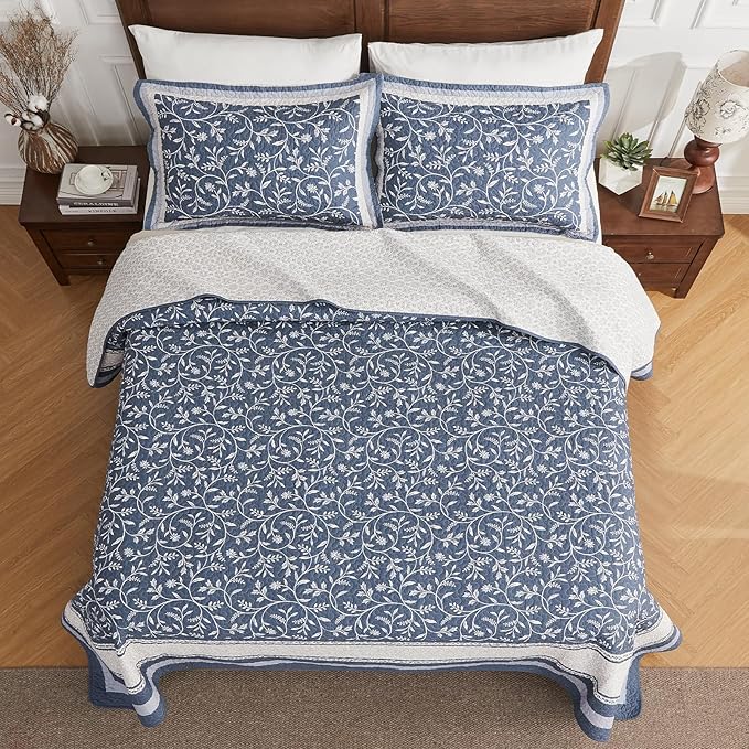 Oversized California King Bedspread - 100% Cotton Lightweight Quilted Coverlet - Soft Reversible Bedding, Botanical Floral Design - Includes 1 Bedspread (128x120)+2 Pillowshams Grayish-blue