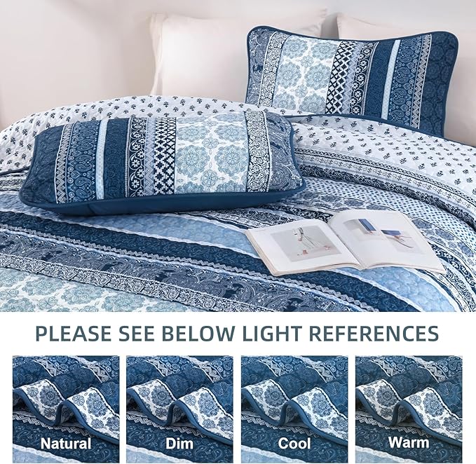 WONGS BEDDING Boho Quilt Set King Size, Navy Blue Bohemian 3 Pieces Quilt Sets, Lightweight Microfiber Bedspread Coverlet Bedding Set for All Season (104"x90")
