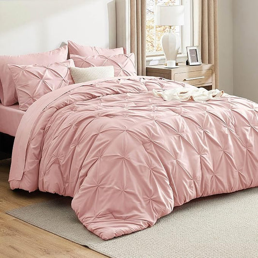 Bedsure Full Comforter Set Pink - Bed in a Bag Full Size Bedding Set 7 Pieces, GentleSoft™ Pintuck Bed Set Gift for Family, Pinch Pleat All Season Comforter with Sheets, Pillowcases & Shams