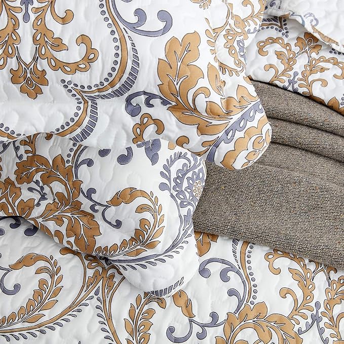 CHIXIN California King Bedspread - Oversized Luxury Collection - European Damask Paisley Pattern - Classic & Gorgeous Bedding Cover, Lightweight, Ultra Soft, 5 Piece, 100% Microfiber, White/Khaki/Grey