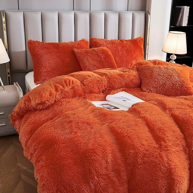 Uhamho Faux Fur Velvet Fluffy Bedding Duvet Cover Set Down Comforter Quilt Cover with Pillow Shams, Ultra Soft Warm and Luxury (King, Orange)