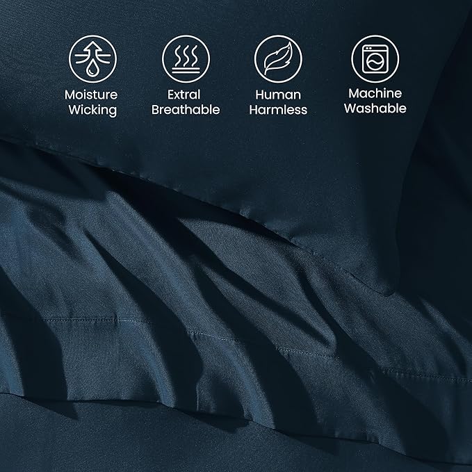 SLEEP ZONE Nanotex Super Soft Cooling Twin Bed Sheets Set for Kids 3 Piece - Easy Care Fitted Flat Sheet & Pillowcase Sets - Wrinkle Free, Fade Resistant, Deep Pocket 16" (Navy Blue, Twin)