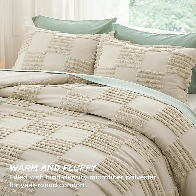 Bedsure King Size Comforter Set Linen, Boho Tufted Bed Set, Grande Checkered Farmhouse Shabby Chic Bedding, 3 Pieces, 1 Plaid Geometric Comforter and 2 Pillow Shams