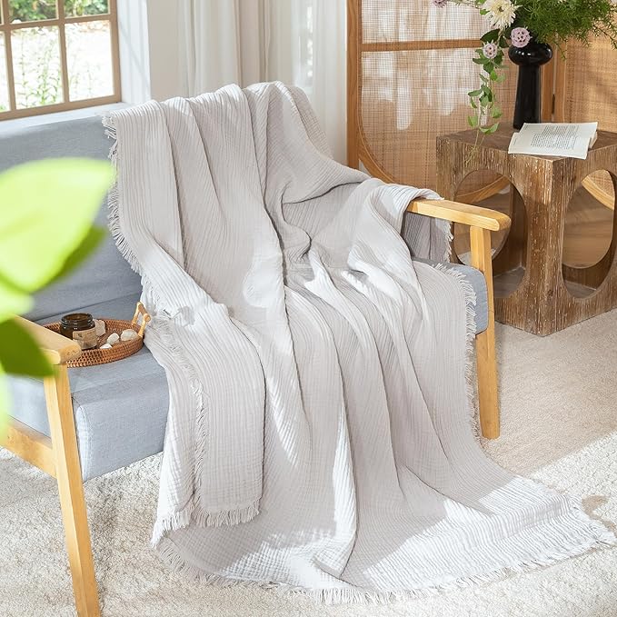 MooMee Muslin Blanket - 100% Cotton 4-Layer Gauze Throw Blanket with All-Around Fringe, Ultra-Soft Breathable Lightweight Cooling Decorative for Bed, Sofa & Couch (Light Grey, Queen 90" x 90")