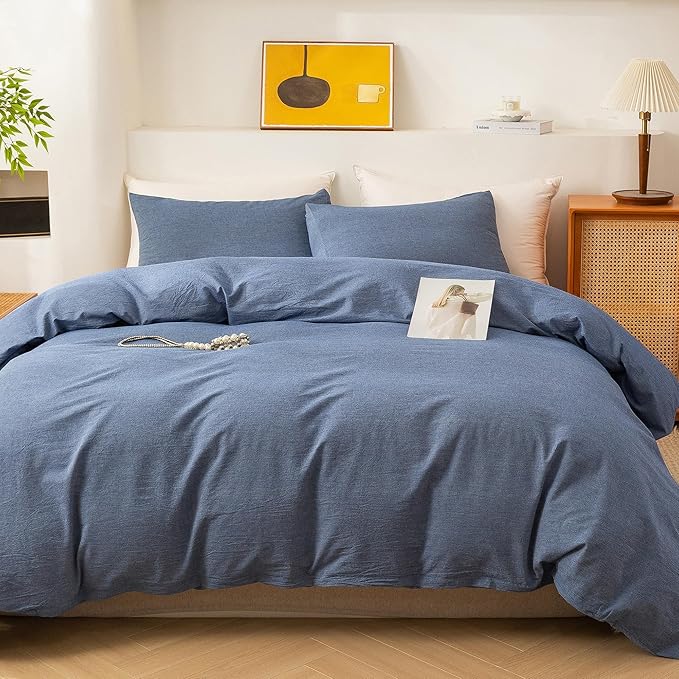 ECOCOTT Denim Blue Duvet Cover Queen Size, 100% Washed Cotton 1 Duvet Cover with Zipper and 2 Pillowcases, Ultra Soft and Easy Care Breathable Cozy Bedding Set (Denim Blue, Queen)