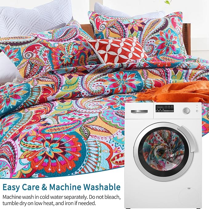 Qucover 100% Cotton Twin Quilt Set, 2 Piece Multicolor Paisley Boho Style Twin Bedspread with Pillow Shams, 68"x86"