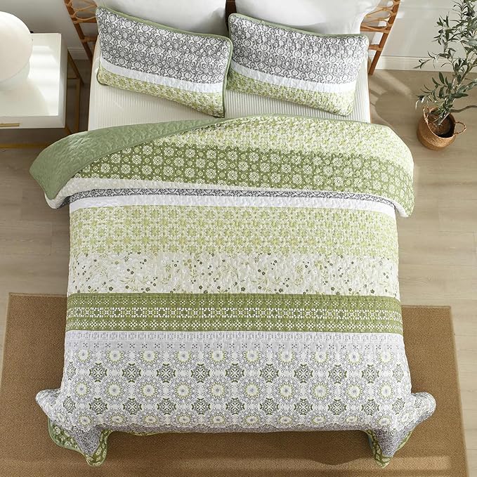 WONGS BEDDING Boho Quilt Set Full Size,Olive Green Bohemian Striped Patchwork Bedspread Coverlet Set,3 Pieces Microfiber Bedding Set for All Seasons (78"x90")