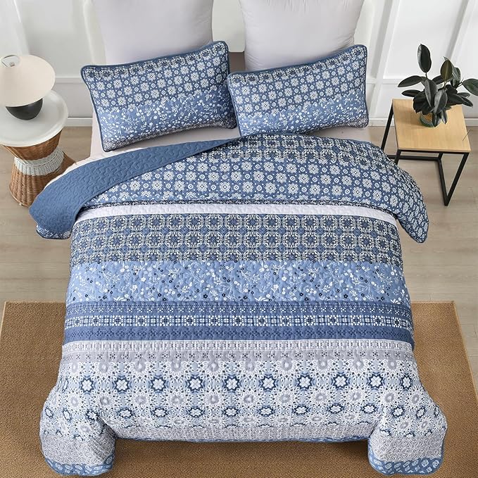WONGS BEDDING Boho Quilt Set Queen, Blue Bohemian Striped Patchwork Summer Bedspread Coverlet Set with 2 Pillowcases,Lightweight Microfiber Floral Bedding Set 96"×90"
