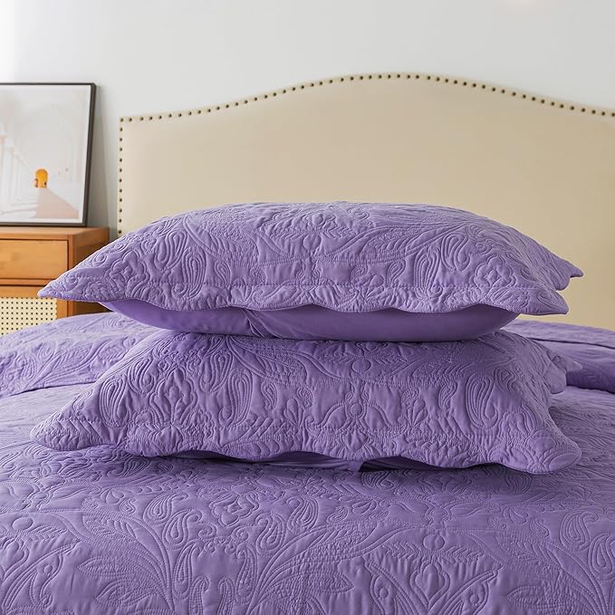 HoneiLife Queen Quilt Bedding Set - 3 Piece Microfiber Quilt Sets Lightweight Bedspreads Reversible Coverlets Rustic Bed Cover Floral Bedding Set All Season Quilts-Purple