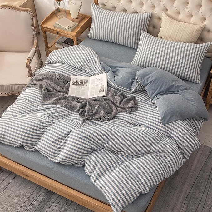 PURE ERA Jersey Knit Duvet Cover Set 100% T-Shirt Heather Cotton Super Soft Comfy Classic Striped Design, with Zipper Closure, Heather Blueish Grey Stripe, King