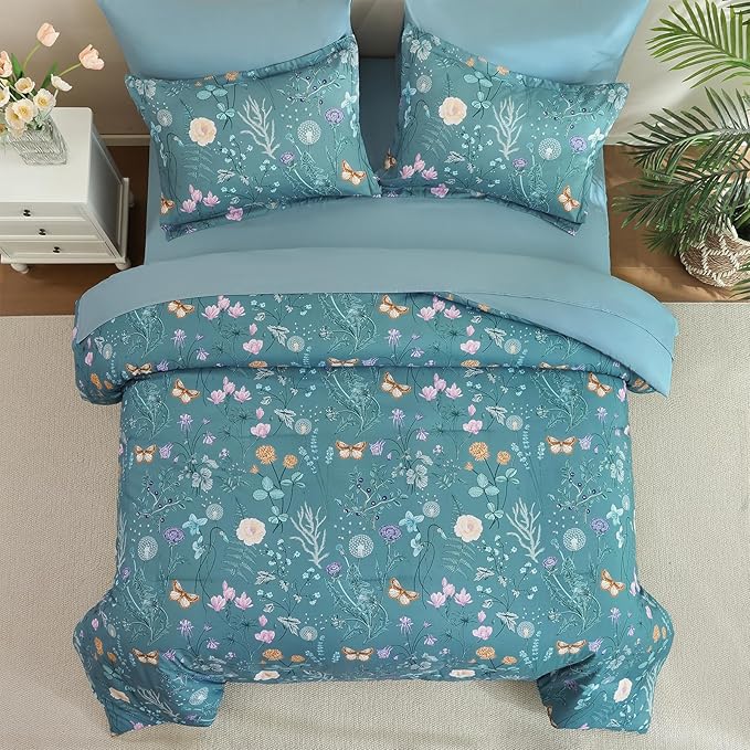 Yiran Queen Comforter Set, 7 Pieces Mineral Blue Floral Soft Bedding Sets, Queen Bed in a Bag with Botanical Flowers All Season Comforter, Sheets, Pillowcases & Shams