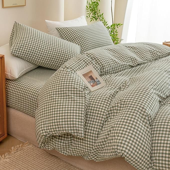 ECOCOTT Green Gingham Duvet Cover King Size 100% Washed Cotton Like Linen Feel Super Soft & Comfy Bedding Set Modern Checkered Design for All Seasons